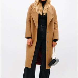 Oversized Camel Trench Coat with Wide Lapels and Relaxed Fit